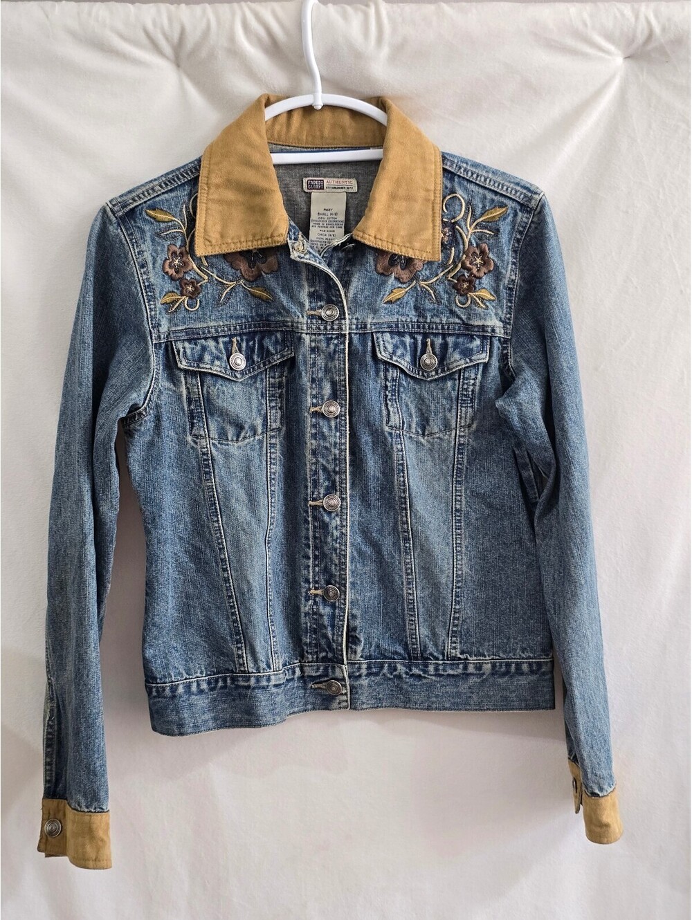 Bohemian Faded Glory Missy Small Denim Jacket with Embroidered Floral Detail